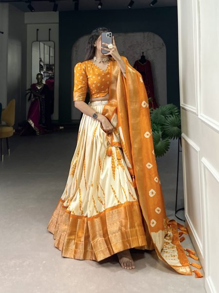 Fantastic Mustered Yellow Color Dola Silk Shikora Print Zari Border Saree Lehenga Choli Half Saree Lehenga