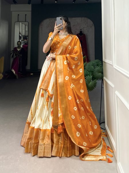 Fantastic Mustered Yellow Color Dola Silk Shikora Print Zari Border Saree Lehenga Choli Half Saree Lehenga