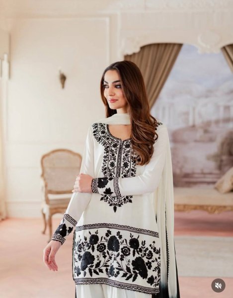 Farshi Fit Natural Crepe Embroidered Top Farshi Palazzo Set with Georgette Dupatta Ready To Wear Collection