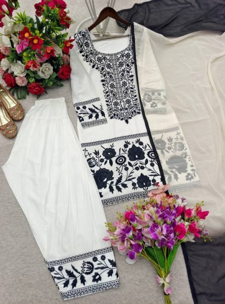 Farshi Fit Natural Crepe Embroidered Top Farshi Palazzo Set with Georgette Dupatta Ready To Wear Collection