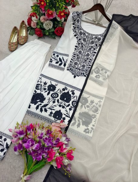 Farshi Fit Natural Crepe Embroidered Top Farshi Palazzo Set with Georgette Dupatta Ready To Wear Collection