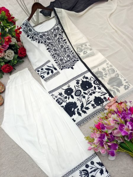 Farshi Fit Natural Crepe Embroidered Top Farshi Palazzo Set with Georgette Dupatta Ready To Wear Collection
