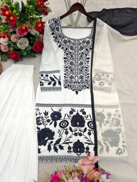 Farshi Fit Natural Crepe Embroidered Top Farshi Palazzo Set with Georgette Dupatta Ready To Wear Collection