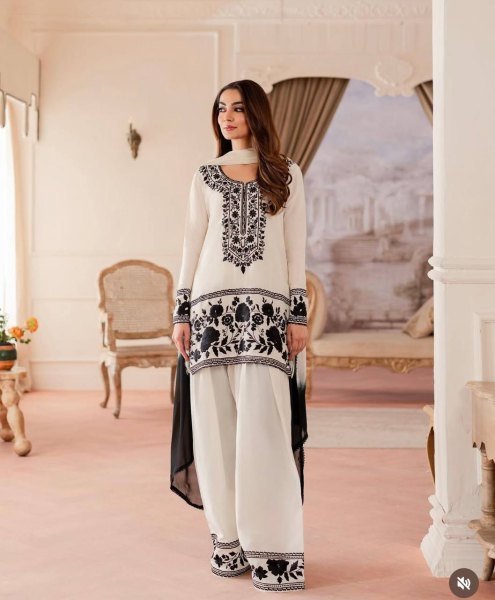 Farshi Fit Natural Crepe Embroidered Top Farshi Palazzo Set with Georgette Dupatta Ready To Wear Collection
