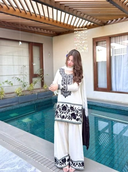 Farshi Fit Natural Crepe Embroidered Top Farshi Palazzo Set with Georgette Dupatta Ready To Wear Collection