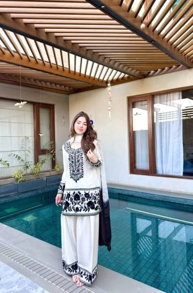 Farshi Fit Natural Crepe Embroidered Top Farshi Palazzo Set with Georgette Dupatta Ready To Wear Collection
