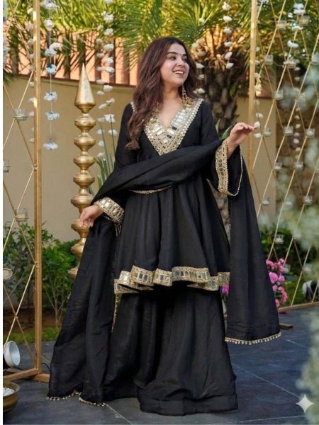 Fascinating Black 3 Piece Silk Sharara Suit at Manufacturer Rate Perfect for Comfort Wear Ready To Wear Suit