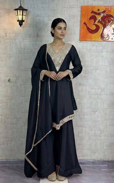 Fascinating Black 3 Piece Silk Sharara Suit at Manufacturer Rate Perfect for Comfort Wear Ready To Wear Collection