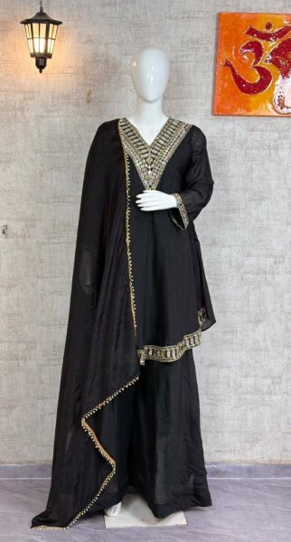 Fascinating Black 3 Piece Silk Sharara Suit at Manufacturer Rate Perfect for Comfort Wear Ready To Wear Collection