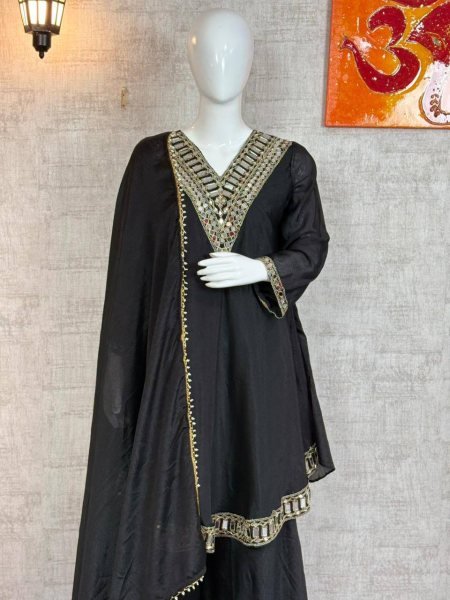 Fascinating Black 3 Piece Silk Sharara Suit at Manufacturer Rate Perfect for Comfort Wear Ready To Wear Collection