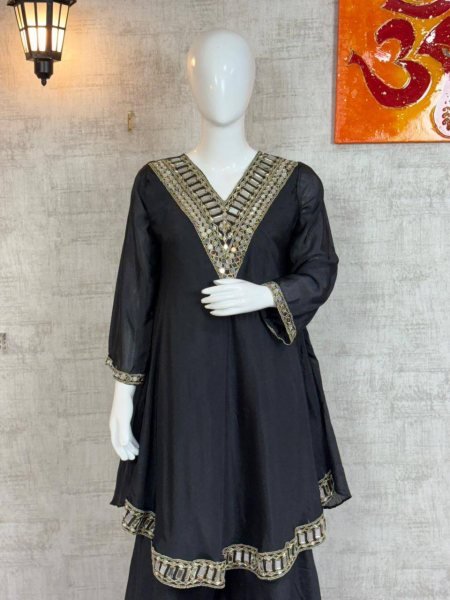 Fascinating Black 3 Piece Silk Sharara Suit at Manufacturer Rate Perfect for Comfort Wear Ready To Wear Collection