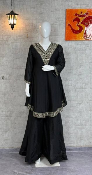 Fascinating Black 3 Piece Silk Sharara Suit at Manufacturer Rate Perfect for Comfort Wear Ready To Wear Collection