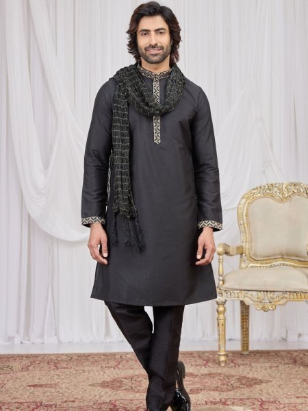 Fascinating Black Designer Embroidered Kurta with Aligadhi Pant Mens Wear