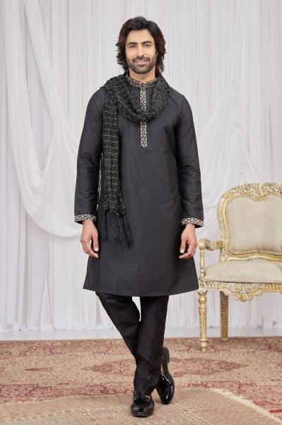 Fascinating Black Designer Embroidered Kurta with Aligadhi Pant Kurta Pajama Wholesale