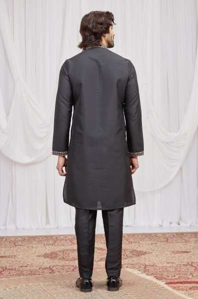 Fascinating Black Designer Embroidered Kurta with Aligadhi Pant Kurta Pajama Wholesale