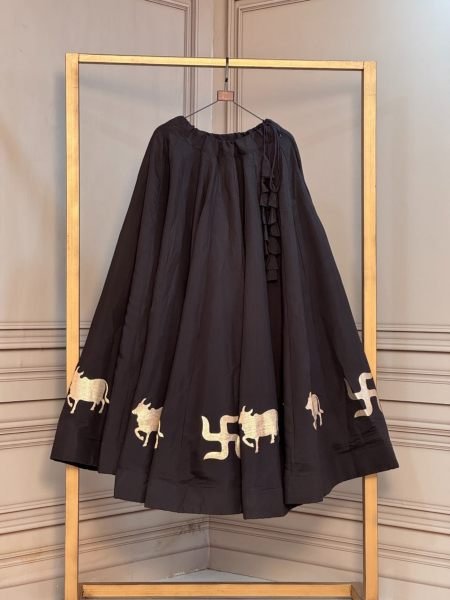 Fascinating Black Fully Stitched Roman Lehenga with Cow and Swastik Gota Lace  Lehenga