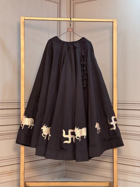 Fascinating Black Fully Stitched Roman Lehenga with Cow and Swastik Gota Lace Navratri Lehnega Choli