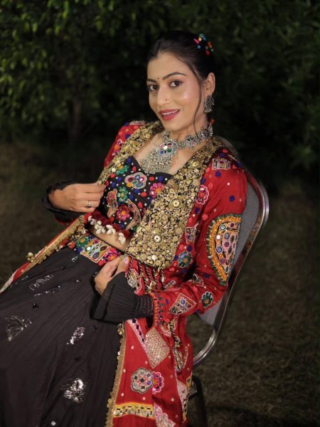 Fascinating Black Garba Wear Lehenga Choli Set with Mirror Work and Designer Shrug Navratri Lehnega Choli