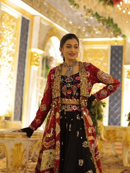 Fascinating Black Garba Wear Lehenga Choli Set with Mirror Work and Designer Shrug Navratri Lehnega Choli