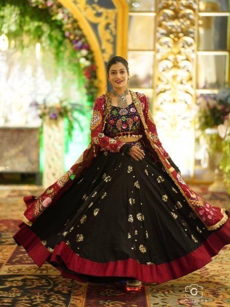 Fascinating Black Garba Wear Lehenga Choli Set with Mirror Work and Designer Shrug Navratri Lehnega Choli