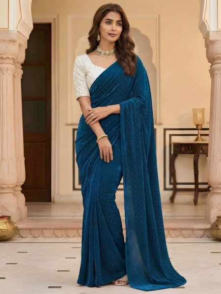 Fascinating Blue Space Soft Silk Saree with Swarovski Diamond Work For Party Wear Sarees 