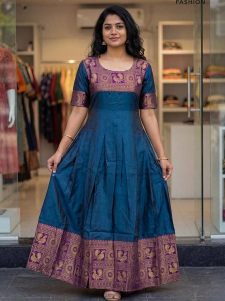 Fascinating Blue Stylish Jacquard Gown for Women with Back Dori Detail for Party Wear Anarkali Kurtis 