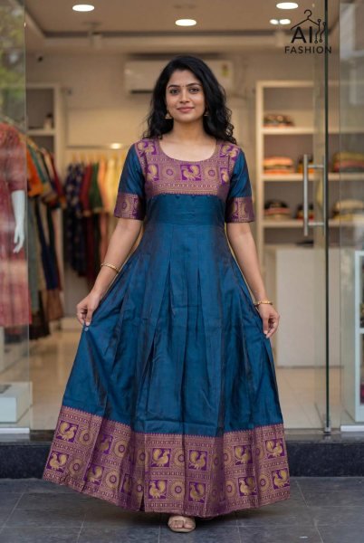 Fascinating Blue Stylish Jacquard Gown for Women with Back Dori Detail for Party Wear Anarkali Kurtis 