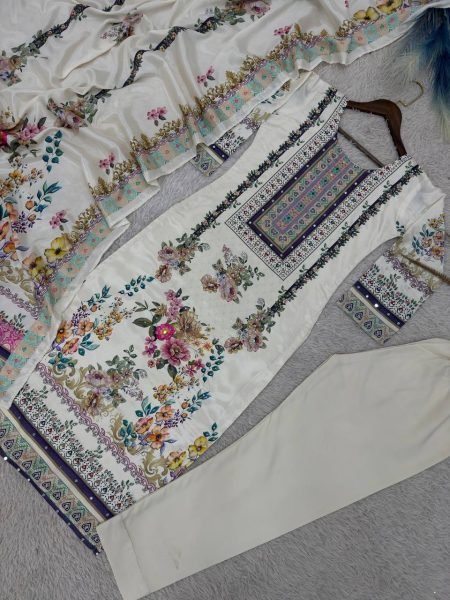 Fascinating Chinon Silk Digital  Print Suit with Mirror Hand Work   Butter Silk Pant at Manufacturer Rate for Party Wear Pakistani Suits Wholesale