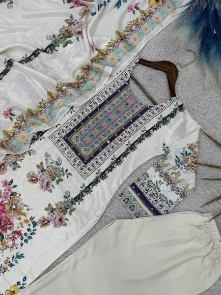 Fascinating Chinon Silk Digital  Print Suit with Mirror Hand Work   Butter Silk Pant at Manufacturer Rate for Party Wear Pakistani Suits Wholesale