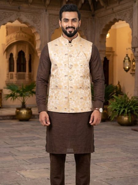 Fascinating Coffee Kurta Pyjama Koti Set for Wedding and Festive Functions