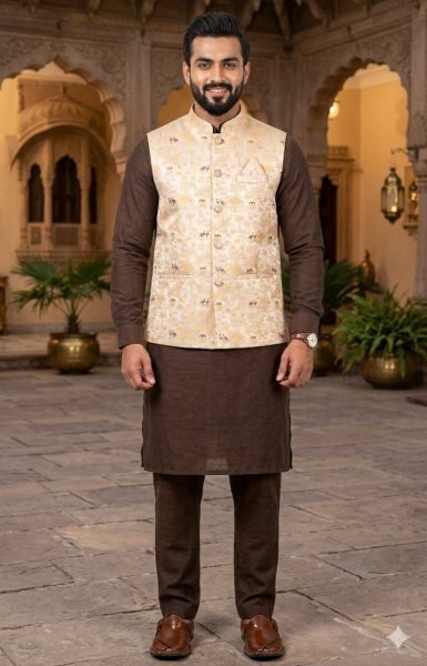 Fascinating Coffee Kurta Pyjama Koti Set for Wedding and Festive Functions Kurta Pajama Wholesale