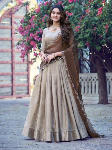 Fascinating Cream Boutique Style Chinon Checks Lehenga Choli with Premium Zari Work  Lehenga