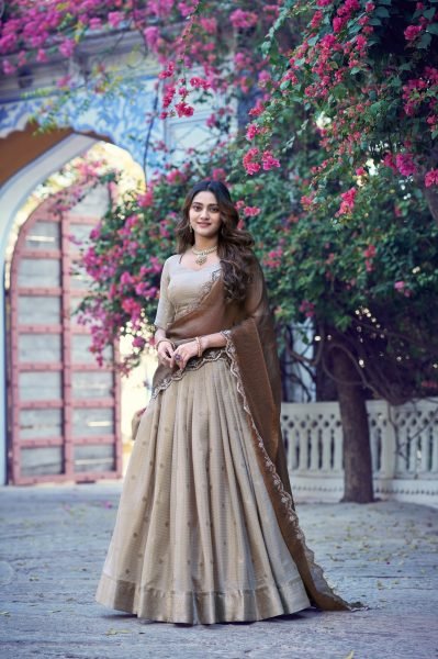 Fascinating Cream Boutique Style Chinon Checks Lehenga Choli with Premium Zari Work Designer Lehenga Choli
