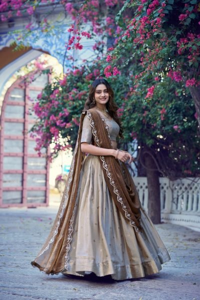 Fascinating Cream Boutique Style Chinon Checks Lehenga Choli with Premium Zari Work Designer Lehenga Choli