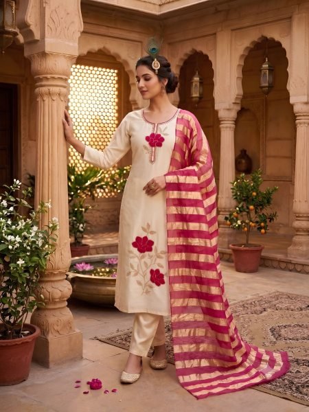 Fascinating Cream Designer Glass Roman Silk Kurti Set with Thread Embroidery Work 