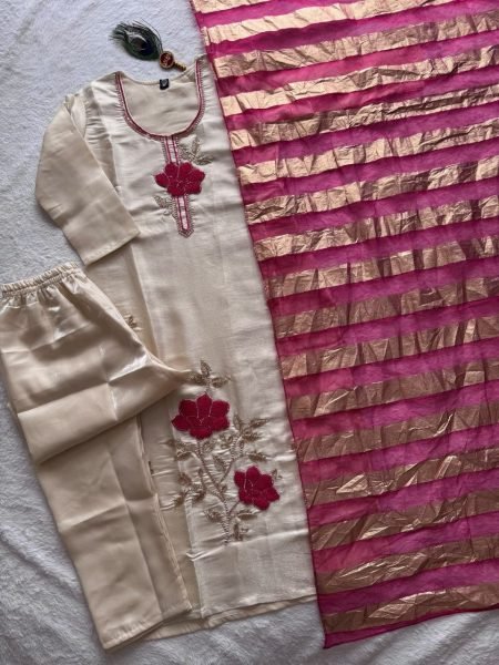 Fascinating Cream Designer Glass Roman Silk Kurti Set with Thread Embroidery Work Embroidery Kurtis 