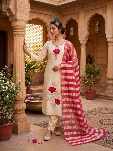 Fascinating Cream Designer Glass Roman Silk Kurti Set with Thread Embroidery Work Embroidery Kurtis 