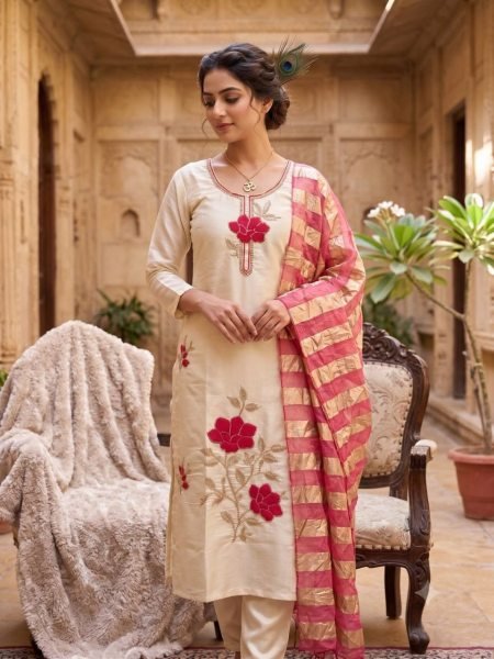 Fascinating Cream Designer Glass Roman Silk Kurti Set with Thread Embroidery Work Embroidery Kurtis 