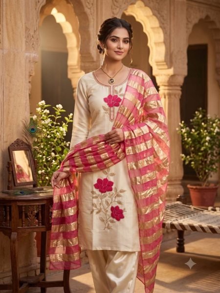 Fascinating Cream Designer Glass Roman Silk Kurti Set with Thread Embroidery Work Embroidery Kurtis 