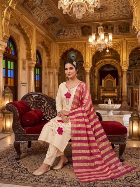 Fascinating Cream Designer Glass Roman Silk Kurti Set with Thread Embroidery Work Embroidery Kurtis 