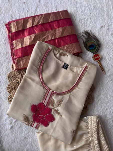 Fascinating Cream Designer Glass Roman Silk Kurti Set with Thread Embroidery Work Embroidery Kurtis 
