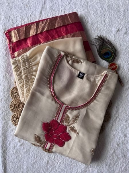 Fascinating Cream Designer Glass Roman Silk Kurti Set with Thread Embroidery Work Embroidery Kurtis 