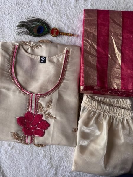 Fascinating Cream Designer Glass Roman Silk Kurti Set with Thread Embroidery Work Embroidery Kurtis 