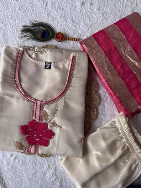 Fascinating Cream Designer Glass Roman Silk Kurti Set with Thread Embroidery Work Embroidery Kurtis 