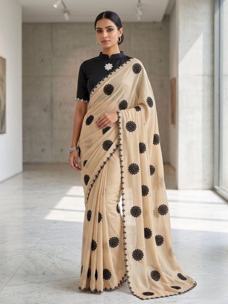 Fascinating Cream Pure Rangoli Silk Saree with Embroidery and Sequin Work for Festive Wear Sarees 