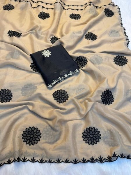 Fascinating Cream Pure Rangoli Silk Saree with Embroidery and Sequin Work for Festive Wear Embroidery Sarees Wholesale