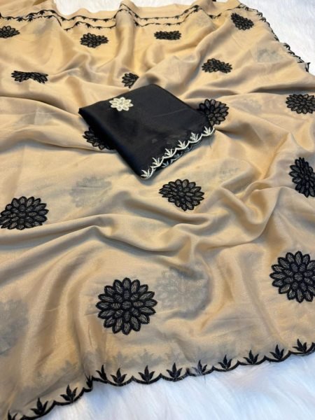 Fascinating Cream Pure Rangoli Silk Saree with Embroidery and Sequin Work for Festive Wear Embroidery Sarees Wholesale