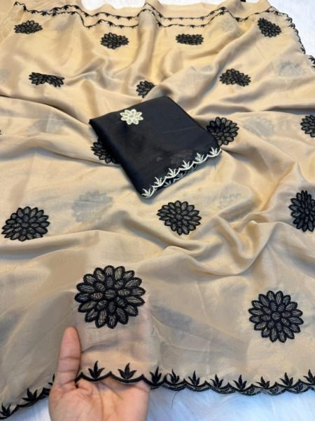 Fascinating Cream Pure Rangoli Silk Saree with Embroidery and Sequin Work for Festive Wear Embroidery Sarees Wholesale