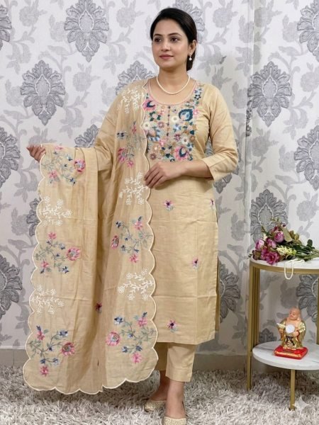Fascinating Cream Roman Silk Pakistani Suit with Embroidery Dupatta for Women