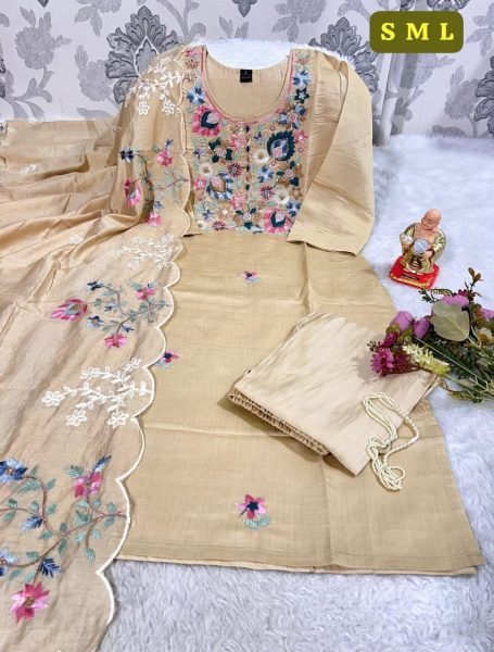 Fascinating Cream Roman Silk Pakistani Suit with Embroidery Dupatta for Women  Straight Cut Long Kurtis